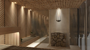 A sleek modern sauna with soft ambient lighting and smooth wooden benches, creating a calm, inviting atmosphere.