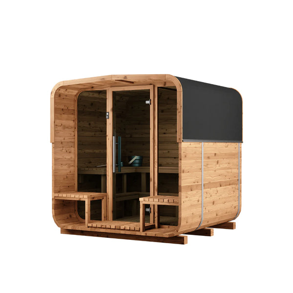 Thermory 4 Person Square Sauna No 43 DIY Kit with Terrace Thermally Modified Spruce Thermory 43FrontRightWeb.webp
