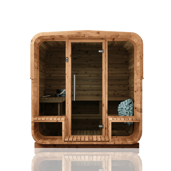 Thermory 4 Person Square Sauna No 43 DIY Kit with Terrace Thermally Modified Spruce Thermory 43FrontWeb.webp