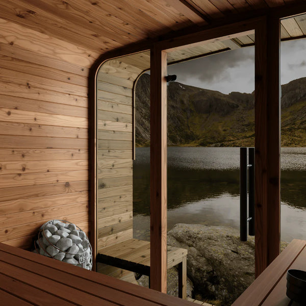 Thermory 4 Person Square Sauna No 43 DIY Kit with Terrace Thermally Modified Spruce Thermory 43InteriorFront.webp