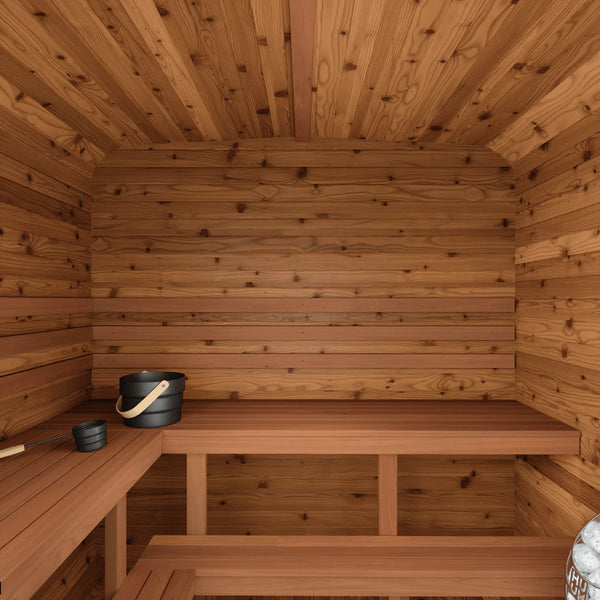 Thermory 4 Person Square Sauna No 43 DIY Kit with Terrace Thermally Modified Spruce Thermory 43InteriorRear.webp