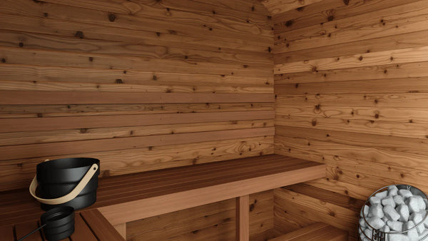 Thermory 4 Person Square Sauna No 43 DIY Kit with Terrace Thermally Modified Spruce Thermory 43LandscapeInteriorRear.webp