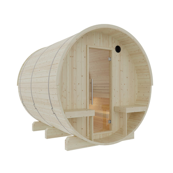 Helsinki 4 Person 2 Tier Finnish Barrel Sauna with Terrace and Heater - By Finnish Barrel Saunas Nordic Spruce / Terrace Finnish Barrel Saunas 33B9212B-2C52-47F2-95EE-776530EA68B1.jpg