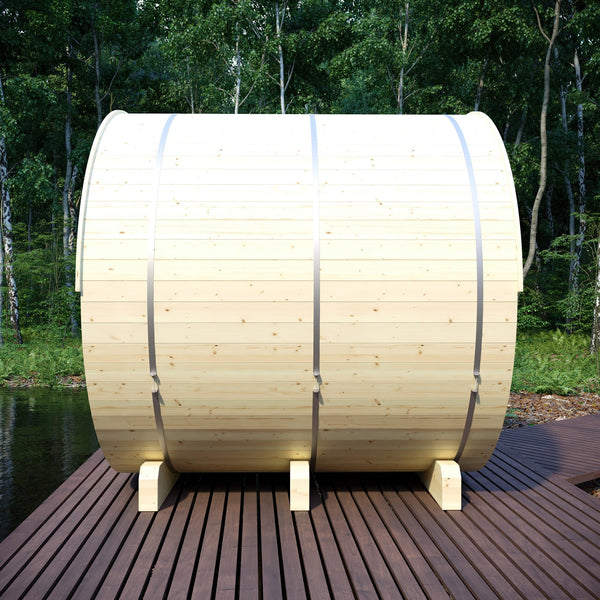 Tampere 4 Person 2 Tier Finnish Barrel Sauna with Heater - By Finnish Barrel Saunas Nordic Spruce / No Terrace Finnish Barrel Saunas 40DE5985-40A0-4D22-8BE3-BAD36F00DA19.jpg