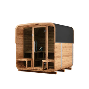Thermory 4 Person Square Sauna No 43 DIY Kit with Terrace Thermally Modified Spruce Thermory 43FrontRightWeb.webp