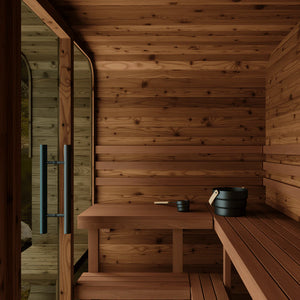 Thermory 4 Person Square Sauna No 43 DIY Kit with Terrace Thermally Modified Spruce Thermory 43InteriorSide.webp