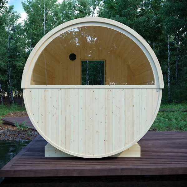 Tampere 4 Person 2 Tier Finnish Barrel Sauna with Heater - By Finnish Barrel Saunas Nordic Spruce / No Terrace Finnish Barrel Saunas 92CAEAC4-AE4B-4B1C-8584-2A0AEAB79CAA.jpg