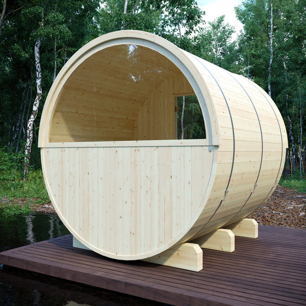 Helsinki 4 Person 2 Tier Finnish Barrel Sauna with Terrace and Heater - By Finnish Barrel Saunas Nordic Spruce / Terrace Finnish Barrel Saunas 977011EC-D938-4C48-828F-4175CFB613C9.jpg