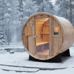 Barrel Outdoor Sauna - 6 Person w/ Harvia KIP 8kW Wi-Fi Heater Redwood Outdoors BarrelOutdoorSauna-6Personw_HarviaKIP8kWWi-FiHeaterbyRedwoodOutdoors_7.webp