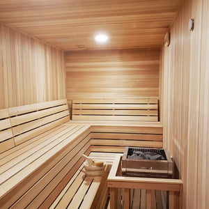 Custom Indoor Sauna Room - 3' x 4' x 8' - Finnish Sauna Builders Western Red Cedar / No Accessories / No Heater,Western Red Cedar / No Accessories / Harvia KIP45W 4.5KW WiFi with Heater Stones,Western Red Cedar / No Accessories / HUUM Cliff Mini 3.5KW WiFi with Heater Stones and Railing,Western Red Cedar / Bench Skirting / No Heater,Western Red Cedar / Bench Skirting / Harvia KIP45W 4.5KW WiFi with Heater Stones,Western Red Cedar / Bench Skirting / HUUM Cliff Mini 3.5KW WiFi with Heater Stones and Railing,W