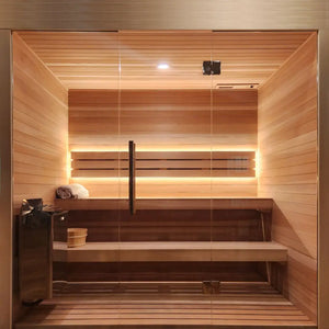 Custom Indoor Sauna Room - 3' x 4' x 8' - Finnish Sauna Builders Western Red Cedar / No Accessories / No Heater,Western Red Cedar / No Accessories / Harvia KIP45B 4.5KW with Built-in Control and Heater Stones,Western Red Cedar / No Accessories / Harvia KIP45W 4.5KW WiFi with Heater Stones,Western Red Cedar / No Accessories / HUUM Cliff Mini 3.5KW WiFi with Heater Stones and Railing,Western Red Cedar / Bench Skirting / No Heater,Western Red Cedar / Bench Skirting / Harvia KIP45B 4.5KW with Built-in Control a