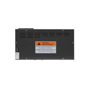 Black electrical component with warning label on a white background