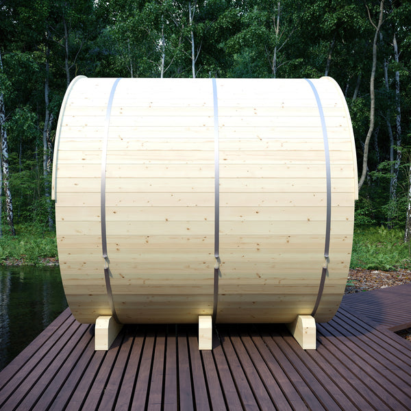 Helsinki 4 Person 2 Tier Finnish Barrel Sauna with Terrace and Heater - By Finnish Barrel Saunas Nordic Spruce / Terrace Finnish Barrel Saunas F34A90B1-5775-47E8-8D09-C0C7F814D622.jpg