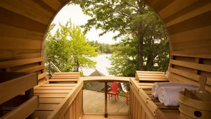 Wooden sauna with a view of a lake and trees