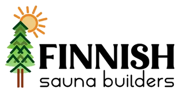 Logo for Finnish sauna builders with trees and a sun on a white background