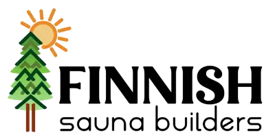 Logo for Finnish sauna builders with trees and a sun on a white background