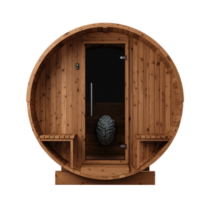 Thermory 4 Person Barrel Sauna No 60 DIY Kit with Porch and Window Thermally Modified Spruce Thermory Front_7162df7c-1853-4eb0-a95e-c6d90716429c.png