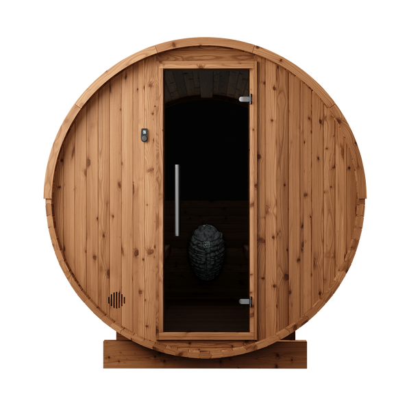 Thermory 8 Person Barrel Sauna No 84 DIY Kit with Window Thermally Modified Spruce Thermory Front_8975af90-804d-466e-b00e-a51980851b72.png