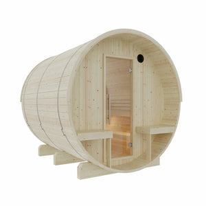 Wooden barrel sauna with a door on a white background