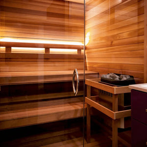 Wooden sauna with glass door and interior details