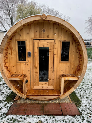 Finnish Sauna Builders Barrel Sauna Knotty White Cedar / 7 ft Wide x 7 ft High x 6 ft Long,Knotty White Cedar / 7 ft Wide x 7 ft High x 7 ft Long,Knotty White Cedar / 7 ft Wide x 7 ft High x 8 ft Long,Knotty White Cedar / 7 ft Wide x 7 ft High x 9 ft Long,Knotty White Cedar / 7 ft Wide x 7 ft High x 10 ft Long,Knotty Red Cedar / 7 ft Wide x 7 ft High x 6 ft Long,Knotty Red Cedar / 7 ft Wide x 7 ft High x 7 ft Long,Knotty Red Cedar / 7 ft Wide x 7 ft High x 8 ft Long,Knotty Red Cedar / 7 ft Wide x 7 ft High 