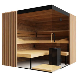 Wooden sauna with black interior on a white background