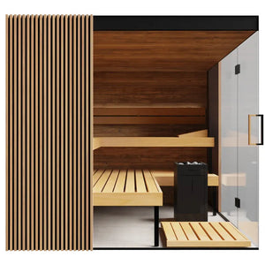 Wooden sauna with benches and a glass door