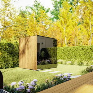 Wooden shed in a garden with trees and flowers