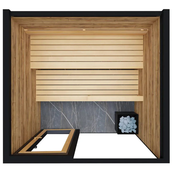 Wooden sauna with marble floor and black frame