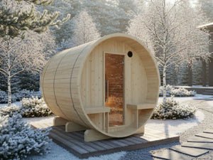 Turku Finnish Barrel Sauna with Terrace and WiFi Heater - Finnish Sauna Builders Natural,Walnut,Teak,Larch Finnish Barrel Saunas TurkuFinnishBarrelSaunawithTerrace-FinnishSaunaBuilders_2.webp