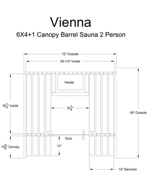 Almost Heaven Vienna 4+1 Canopy Barrel Sauna (2-Person) Rustic Cedar,Onyx - Stained Southern Pine Almost Heaven Sauna ViennaLayoutDrawing.webp