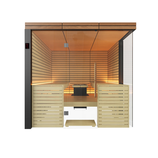 Harvia Lindea View Luxury 4-6 Person | Thermo Wood Reversible Sauna | With Virta 9KW Heater Thermo Wood Exterior and Light Lime Wood Interior,Thermo Wood Interior and Exterior Harvia front.jpg