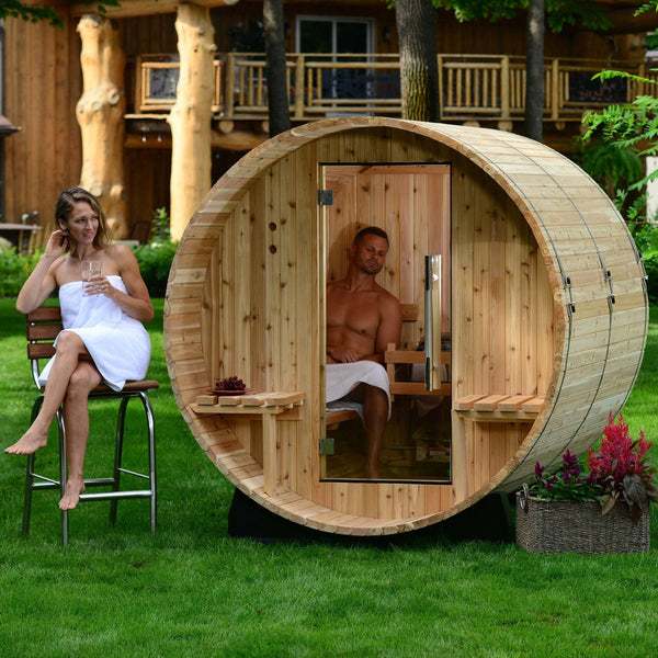 Almost Heaven Audra 4 Person Barrel Sauna with Rinse Ellipse Outdoor Shower Deluxe Package Almost Heaven Sauna Lifestyle_Audra_Barrel_GlassDoor_1024x1024_2x_05d612ba-ad34-4061-b355-a9abff3b349e.jpg
