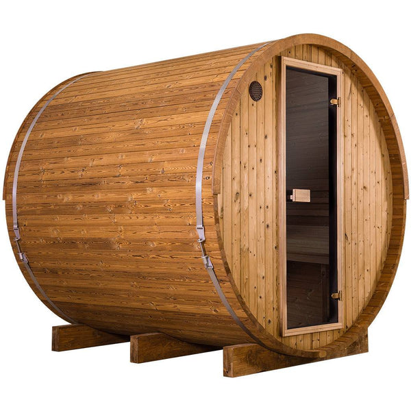 Thermory 6 Person Barrel Sauna No 50 DIY Kit with Window Thermally Modified Spruce Thermory No50-Front-Corner1.jpg