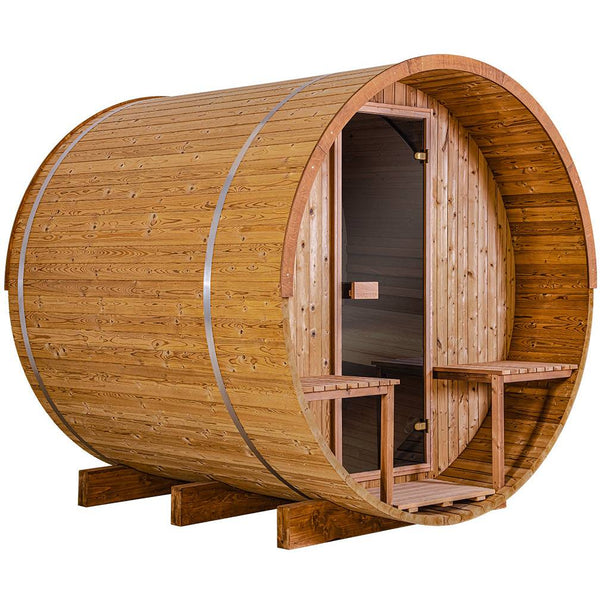Thermory 4 Person Barrel Sauna No 61 DIY Kit with Porch Thermally Modified Aspen Thermory No61-Front-corner1.jpg